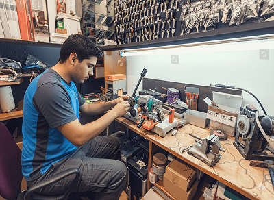 Foto de cerrajero trabajando en banco de taller